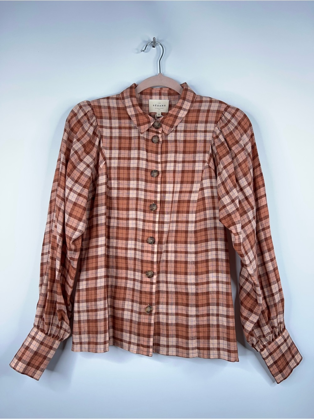 Sezane Bonny Plaid Button-Down Shirt Rose Beige Linen Long Sleeve Size 4 New